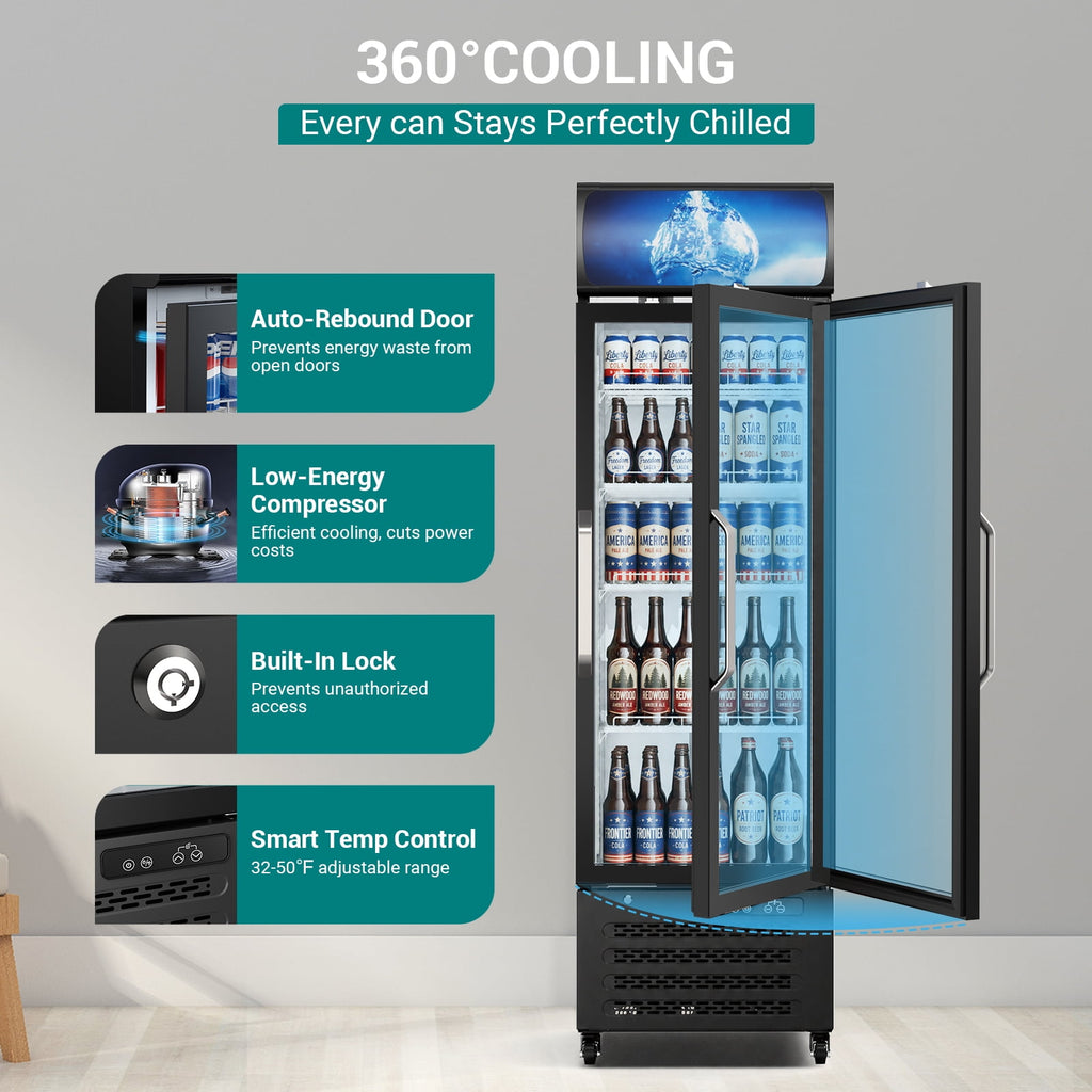 12 Cu Ft Commercial Beverage Fridge w/ Glass Door & LED Light - Freestanding Display Cooler for Shop, Restaurant, Business
