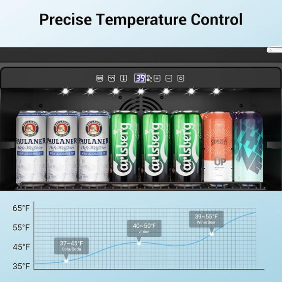 24 Inch Beverage Refrigerator & Cooler Under Counter with Safty Lock, Outdoor Patio Fridge for Drinks, Soda, Beer, Wine, 37～65°F Adjustable Temperature & Memory, Built-in/Freestanding