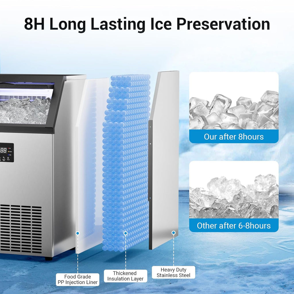 Commercial Undercounter Ice Maker, 165Lbs/24H Stainless Steel Ice Machine with 45Lbs Storage Bin, Freestanding Built-in Design for Restaurant Bar Use