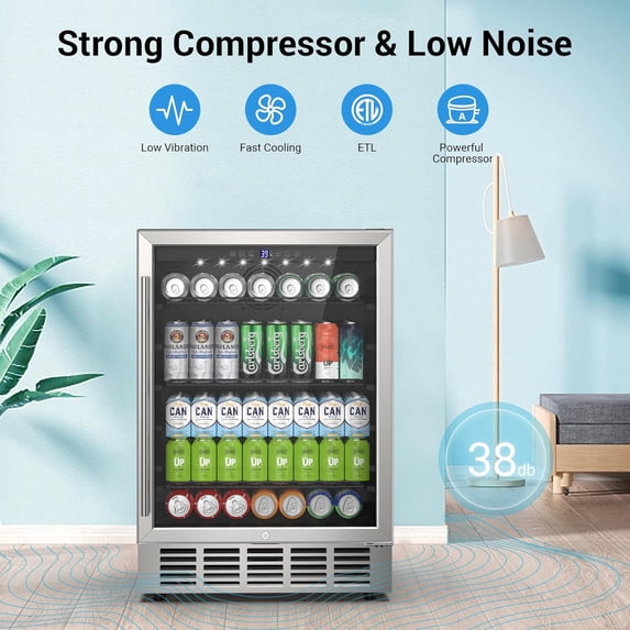 24 Inch Beverage Refrigerator & Cooler Under Counter with Safty Lock, Outdoor Patio Fridge for Drinks, Soda, Beer, Wine, 37～65°F Adjustable Temperature & Memory, Built-in/Freestanding