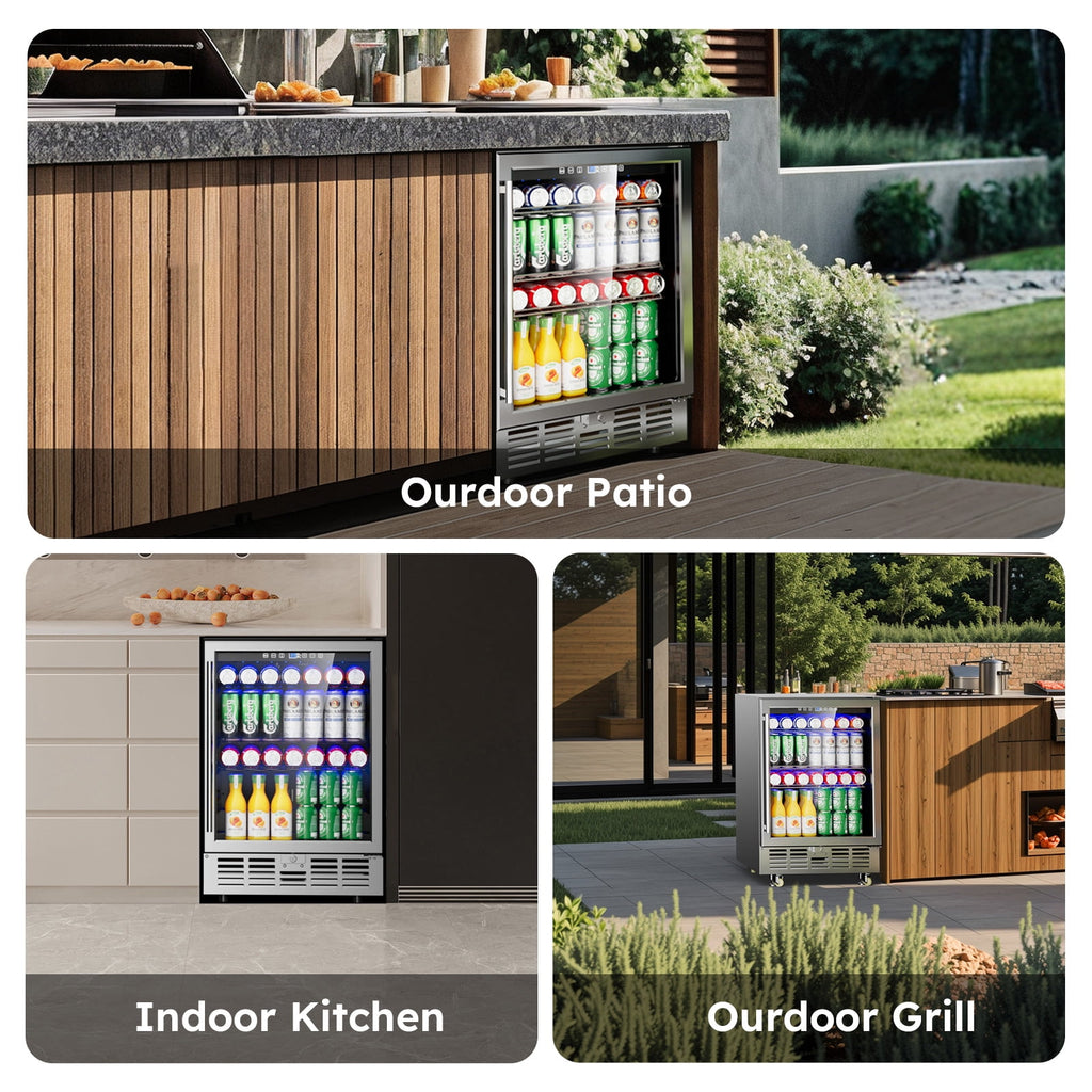 XUTUMM 24 inch Beverage Refrigerator with Glass Door, Under Counter/Freestanding Beverage Cooler with Temperature Memory