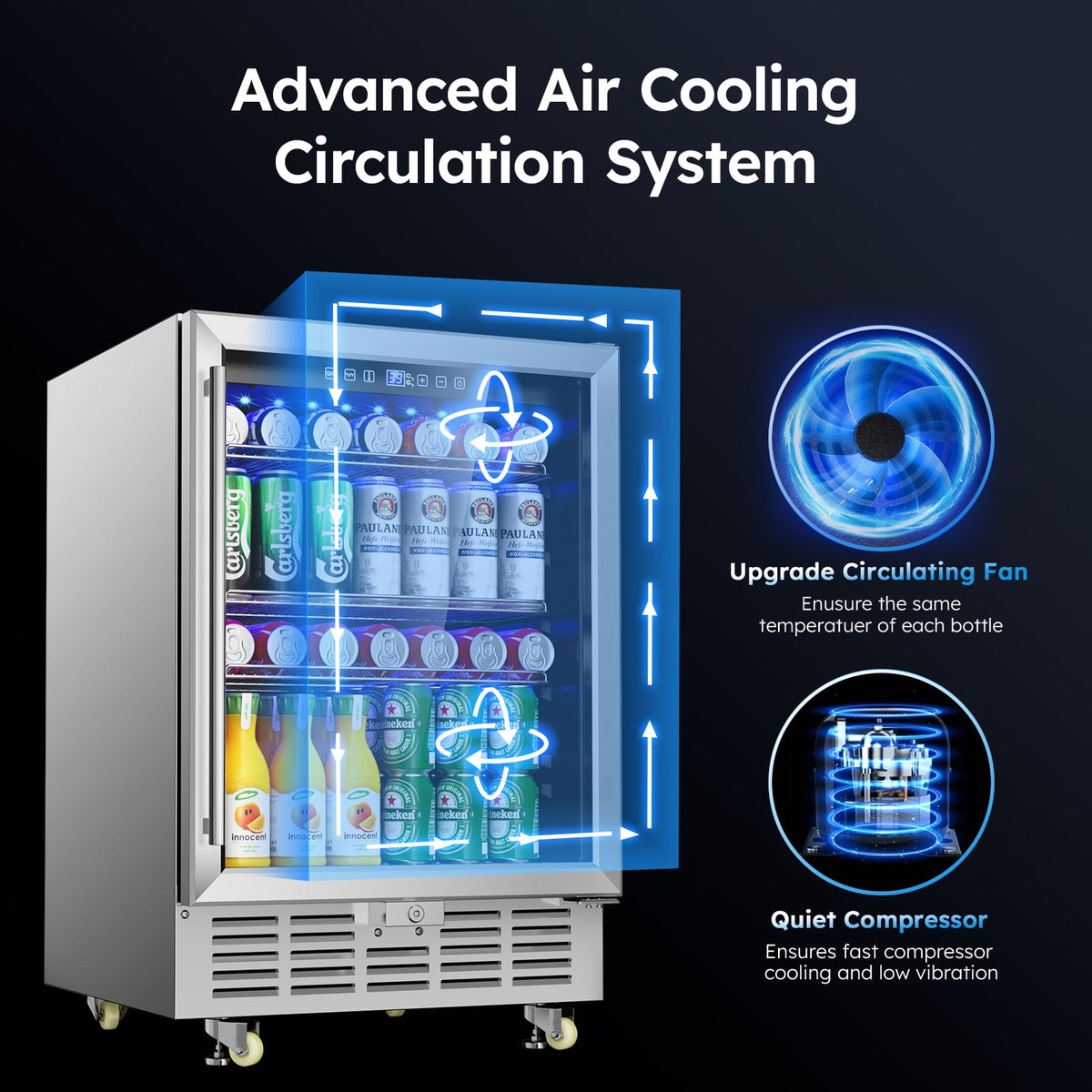 XUTUMM 24 inch Beverage Refrigerator with Glass Door, Under Counter/Freestanding Beverage Cooler with Temperature Memory