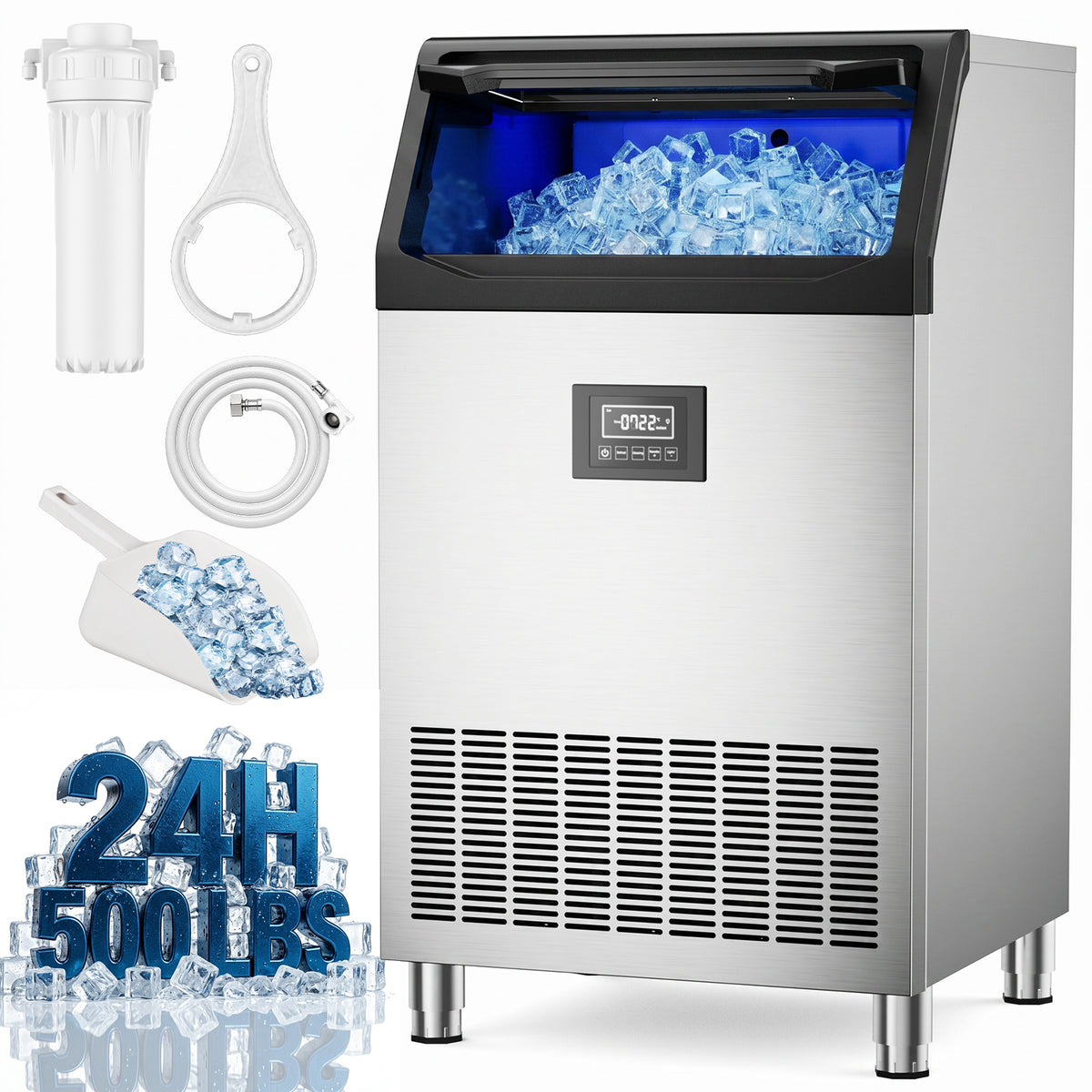 XUTUMM Commercial Ice Maker Machine, Up to 500 lbs/24H, 125 lbs Storage Bin, 162 Cubes per Batch, Adjustable Thickness, Self-Cleaning Stainless Steel Ice Machine