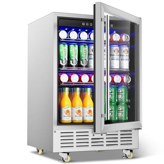 XUTUMM 24 inch Beverage Refrigerator with Glass Door, Under Counter/Freestanding Beverage Cooler with Temperature Memory