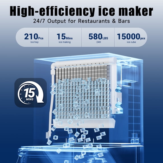Xutumm Commercial Ice Maker, 580 Lbs/24H With 380 Lbs Large Storage Air-Cooled Ice Machine For Ice Cube for Cafe,Restaurant,Home