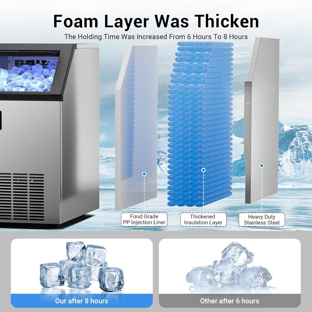 XUTUMM 150 LBS/24H Commercial Ice Machine with 50 LBS Storage Bin, 5-15 Min Ice Production, Stainless Steel Industrial Ice Maker with Self-Cleaning, Timing Function & Adjustable Ice Thickness