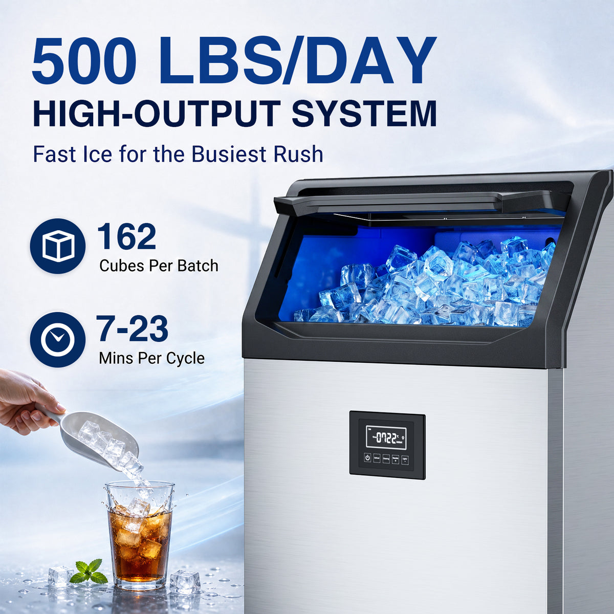 XUTUMM Commercial Ice Maker Machine, Up to 500 lbs/24H, 125 lbs Storage Bin, 162 Cubes per Batch, Adjustable Thickness, Self-Cleaning Stainless Steel Ice Machine