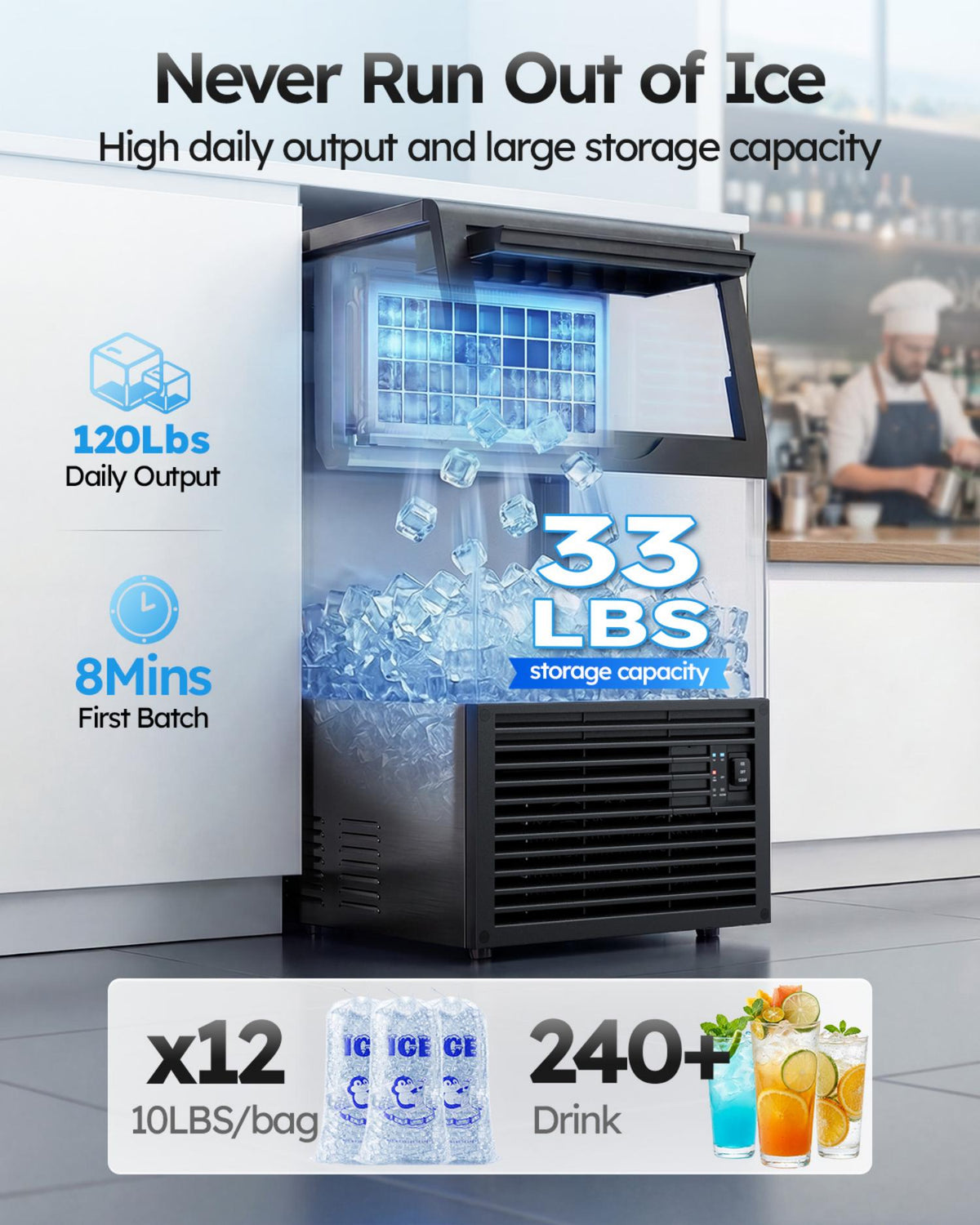 XUTUMM Commercial Ice Maker 120 lbs/24H, 33 lb Storage Bin, Dual Water Inlet Ice Machine with Adjustable Ice Thickness, Self-Cleaning for Restaurant Bar Office Black