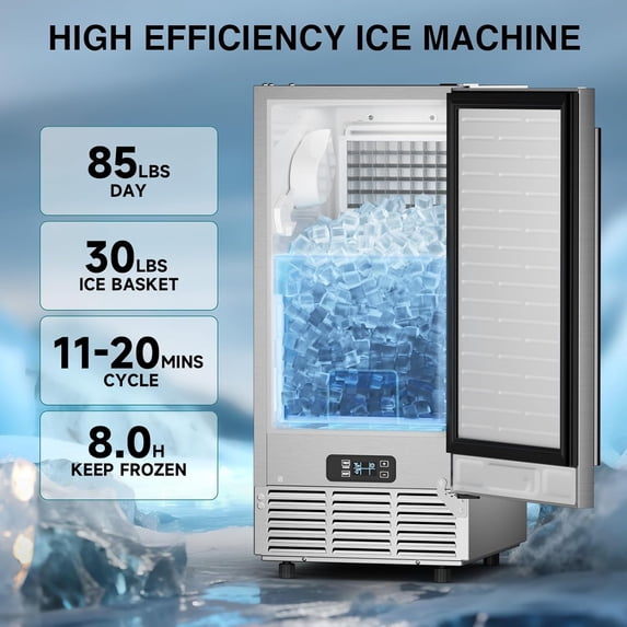 XUTUMM 15" Ice Maker, 85Lbs/24H Under Counter w/ 30Lbs Bin, Built-in/Freestanding, Auto-Clean, Stainless Steel