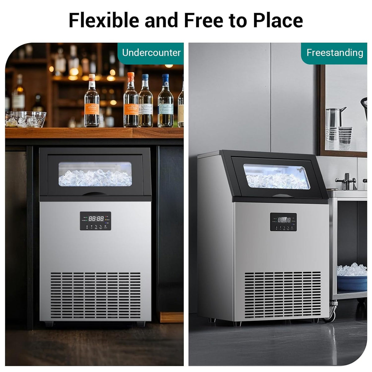 Commercial Undercounter Ice Maker, 165Lbs/24H Stainless Steel Ice Machine with 45Lbs Storage Bin, Freestanding Built-in Design for Restaurant Bar Use