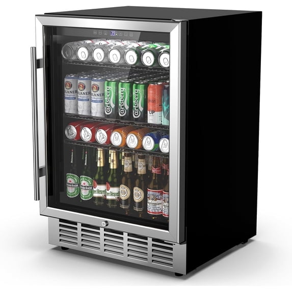 24 Inch Beverage Refrigerator & Cooler Under Counter with Safty Lock, Outdoor Patio Fridge for Drinks, Soda, Beer, Wine, 37～65°F Adjustable Temperature & Memory, Built-in/Freestanding