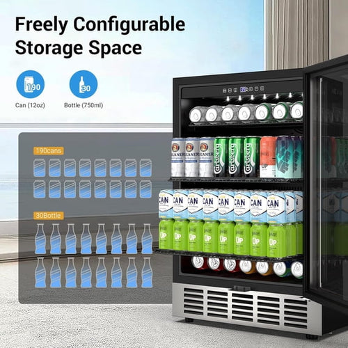 24 Inch Beverage Refrigerator & Cooler Under Counter with Safty Lock, Outdoor Patio Fridge for Drinks, Soda, Beer, Wine, 37～65°F Adjustable Temperature & Memory, Built-in/Freestanding