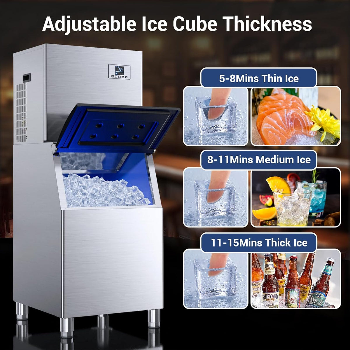 High-Capacity Commercial Ice Maker - 600Lbs/24H Output, 400Lbs Storage, Stainless Steel Construction with Water Hookup & Adjustable Ice Thickness