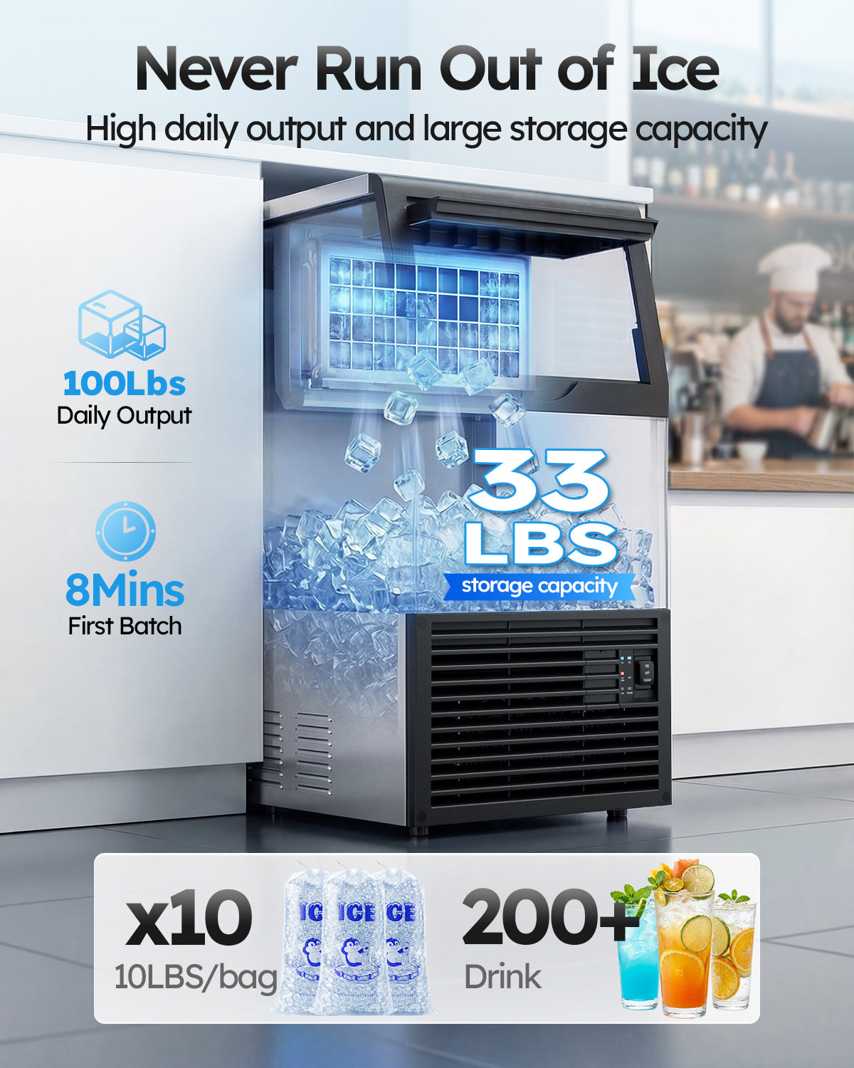XUTUMM Commercial Ice Maker,100 lbs/24H Under Counter Ice Machine with 33 lb Storage Bin, Dual Water Supply Ice Maker with Self-Cleaning, for Home Bar Restaurant Office Stainless Steel