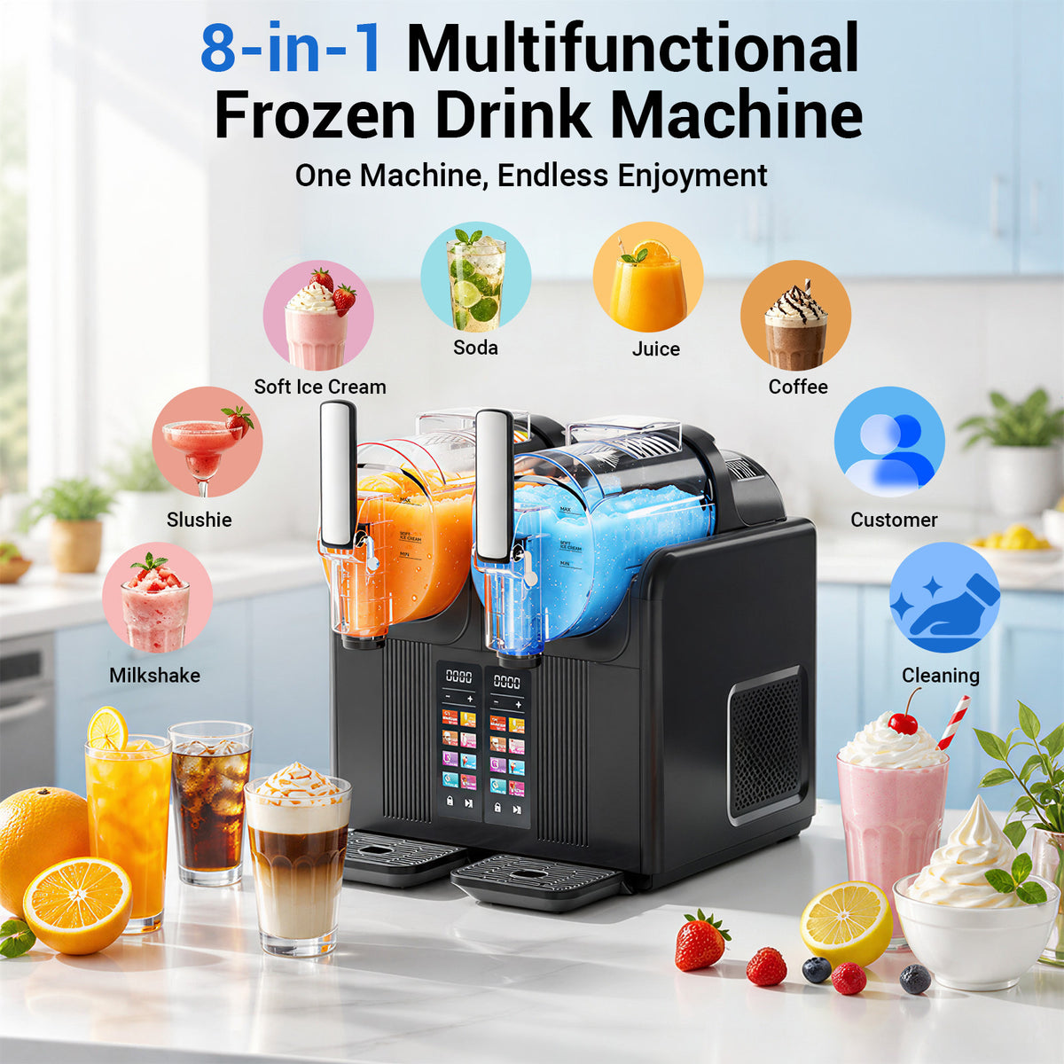 XUTUMM 2x54 oz Slushy Machine,Frozen Drink Maker with 8 Preset Modes, Dual Tank Independent Control, LED Display, Soft Serve Ice Cream & Slushie Machine for Home, ETL Listed, Black