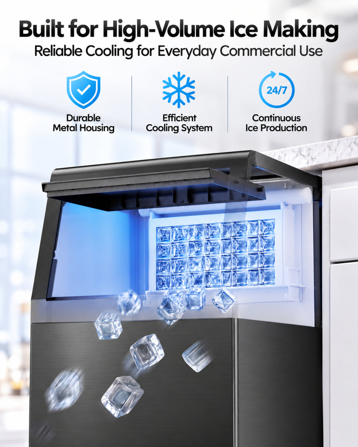 XUTUMM Commercial Ice Maker 120 lbs/24H, 33 lb Storage Bin, Dual Water Inlet Ice Machine with Adjustable Ice Thickness, Self-Cleaning for Restaurant Bar Office Black