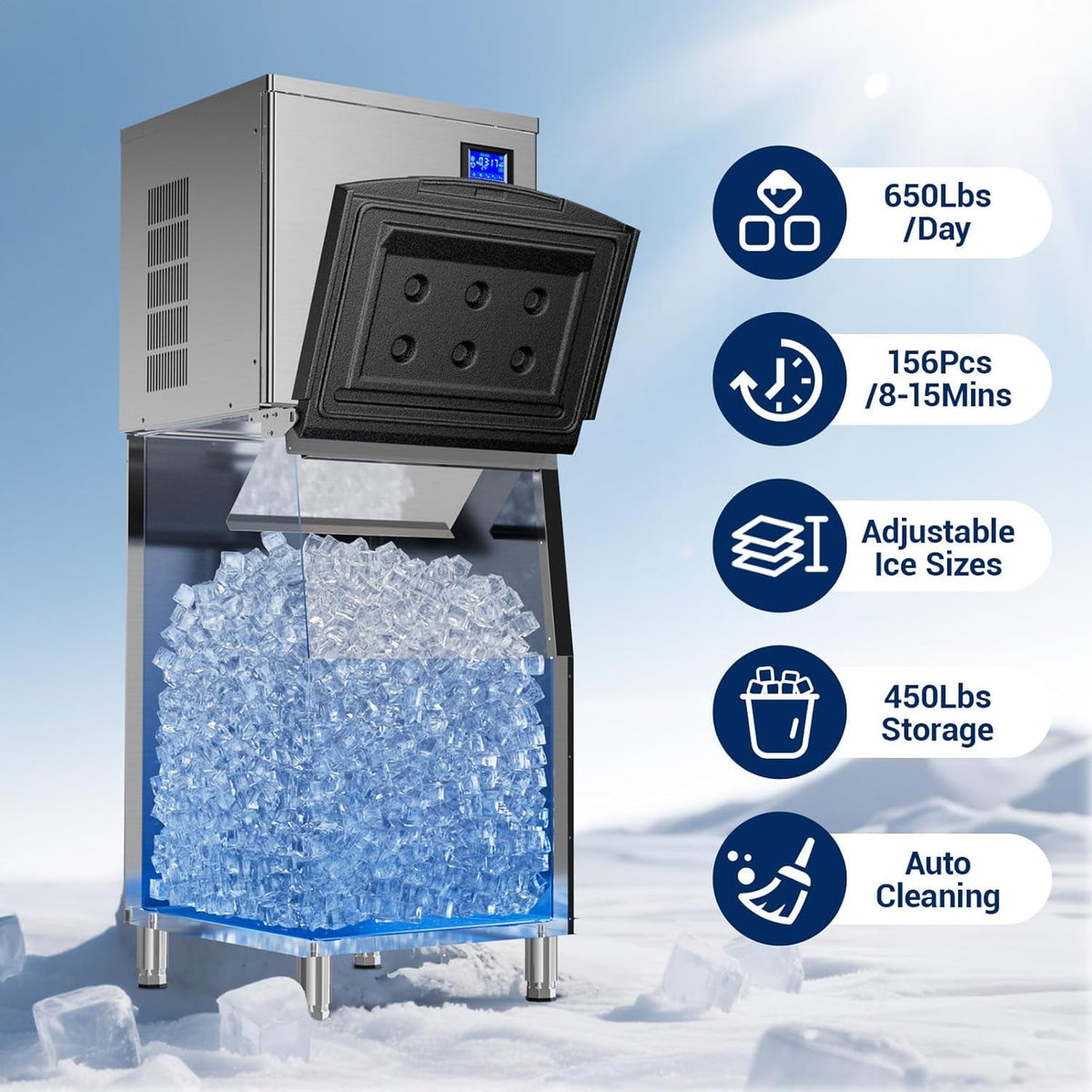 XUTUMM Commercial Ice Machine, 650Lbs/24H, ETL Approved, Auto-Cleaning Stainless Steel Ice Maker for Bars & Restaurants