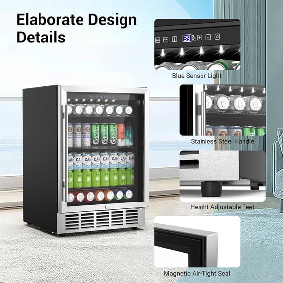 24 Inch Beverage Refrigerator & Cooler Under Counter with Safty Lock, Outdoor Patio Fridge for Drinks, Soda, Beer, Wine, 37～65°F Adjustable Temperature & Memory, Built-in/Freestanding