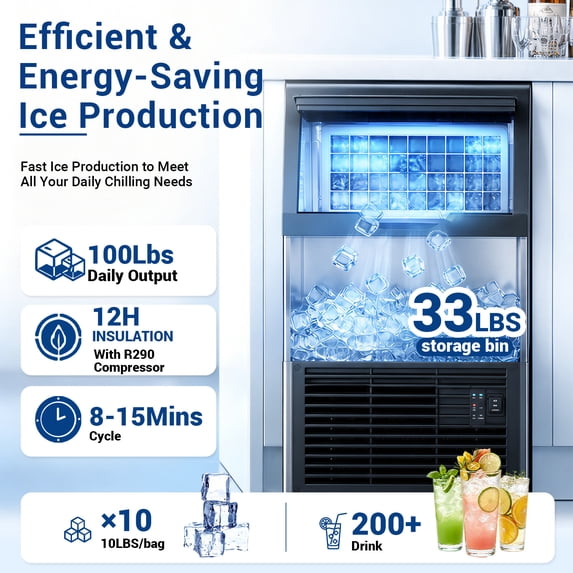 XUTUMM Commercial Ice Maker 100lbs/24H, Under Counter Ice Machine with 33lbs Ice Storage, Self-Cleaning Stainless Steel Freestanding for Home Bar