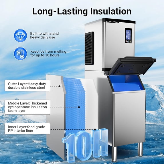 XUTUMM Commercial Ice Machine 700LBS/24H,Storage 500LBS,Large Industrial Ice Maker,Ice Ready in 5-15min,with Self-Cleaning Mode,with Timing Function,30 Levels of Ice Thickness Adjustment