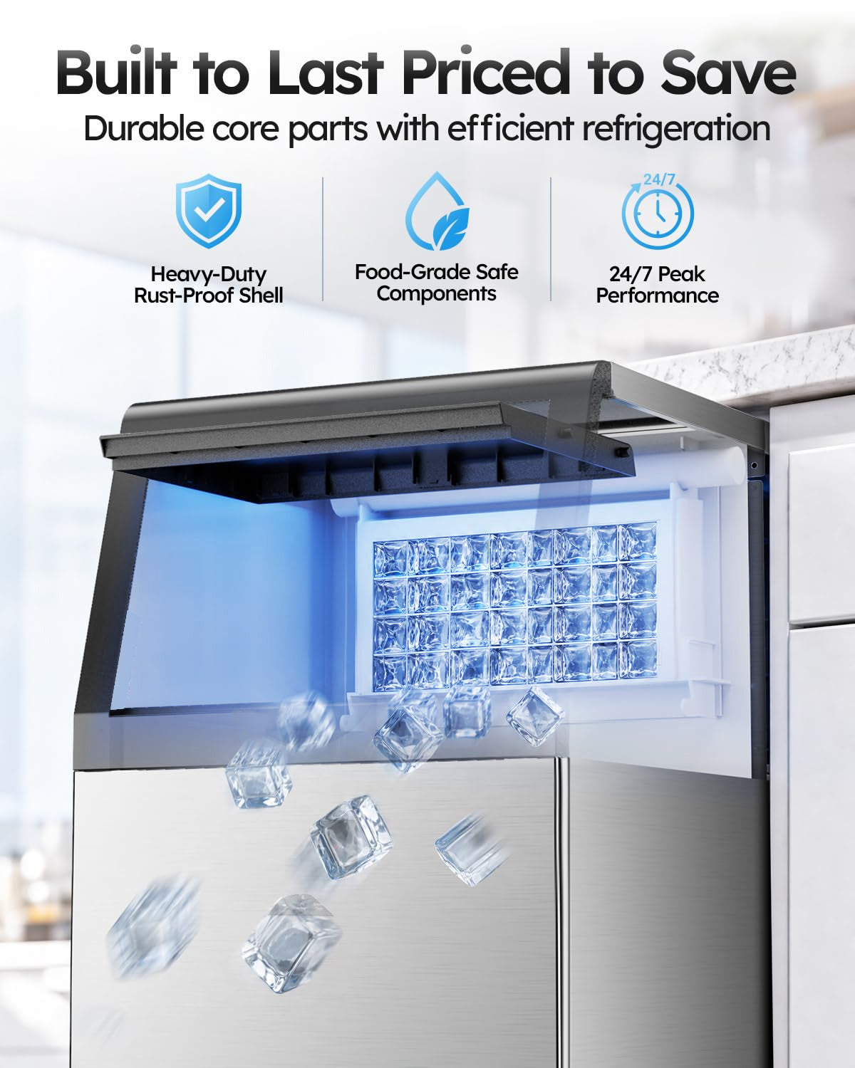 XUTUMM Commercial Ice Maker,100 lbs/24H Under Counter Ice Machine with 33 lb Storage Bin, Dual Water Supply Ice Maker with Self-Cleaning, for Home Bar Restaurant Office Stainless Steel