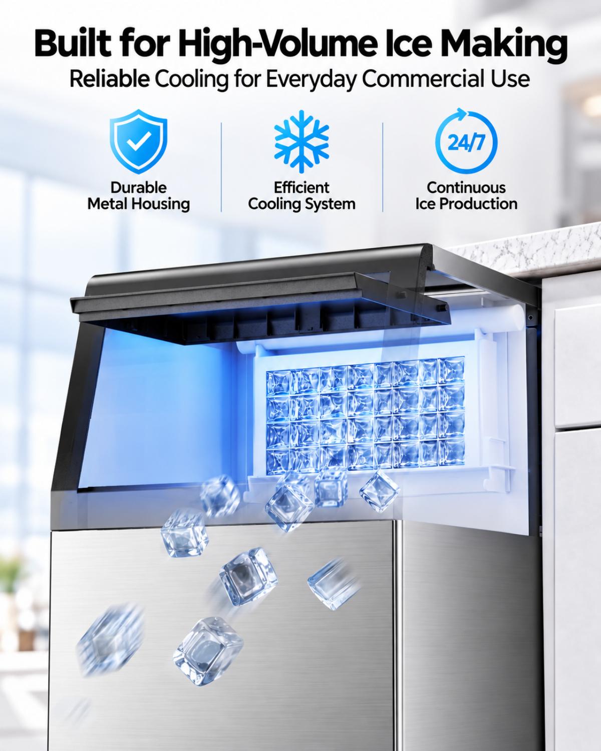 XUTUMM Commercial Ice Maker 120 lbs/24H, 33 lb Storage Bin, Dual Water Inlet Ice Machine with Adjustable Ice Thickness, Self-Cleaning for Restaurant Bar Office Sliver