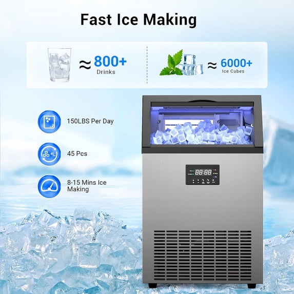 XUTUMM 150 LBS/24H Commercial Ice Machine with 50 LBS Storage Bin, 5-15 Min Ice Production, Stainless Steel Industrial Ice Maker with Self-Cleaning, Timing Function & Adjustable Ice Thickness