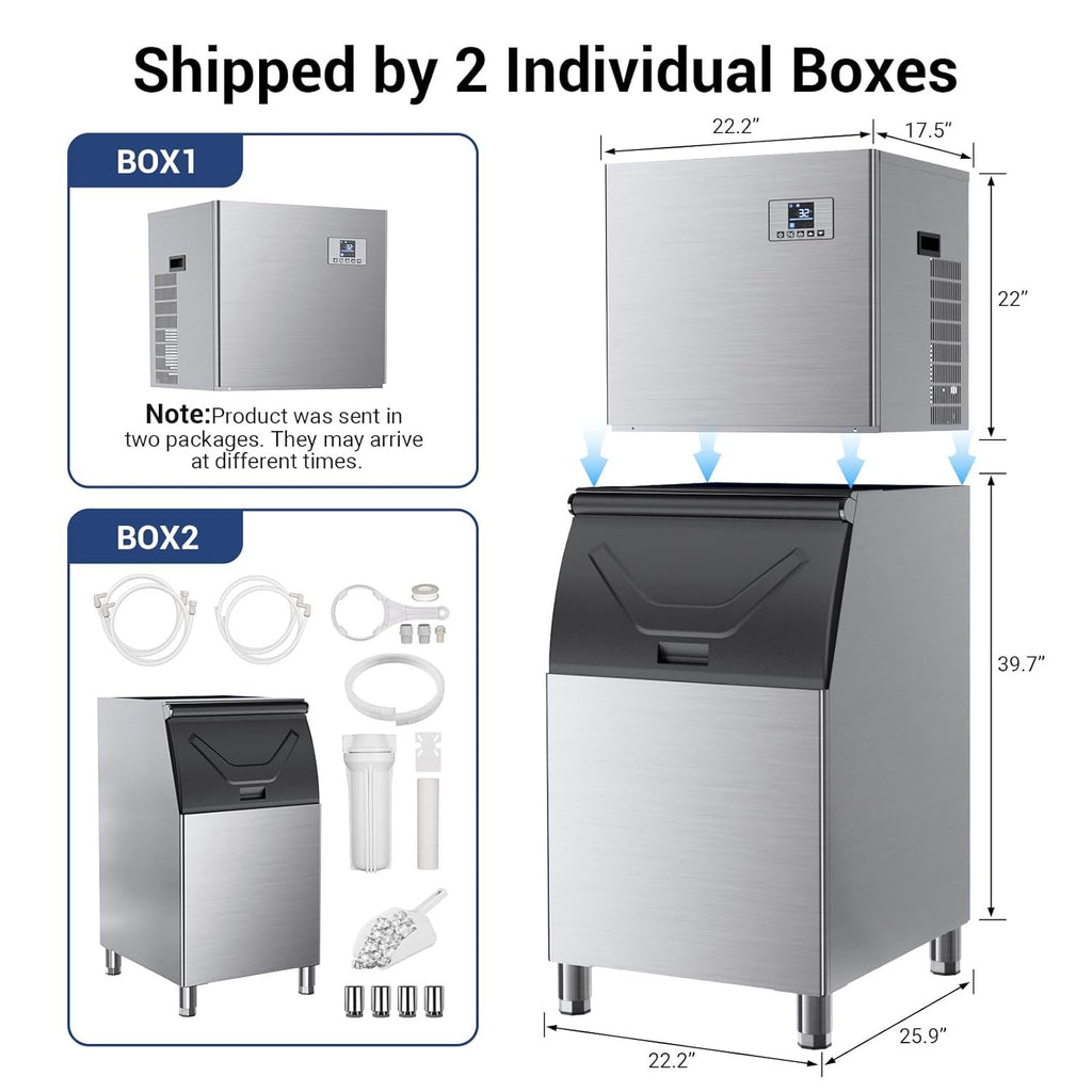 High-Capacity Commercial Ice Maker - 600Lbs/24H Output, 400Lbs Storage, Stainless Steel Construction with Water Hookup & Adjustable Ice Thickness