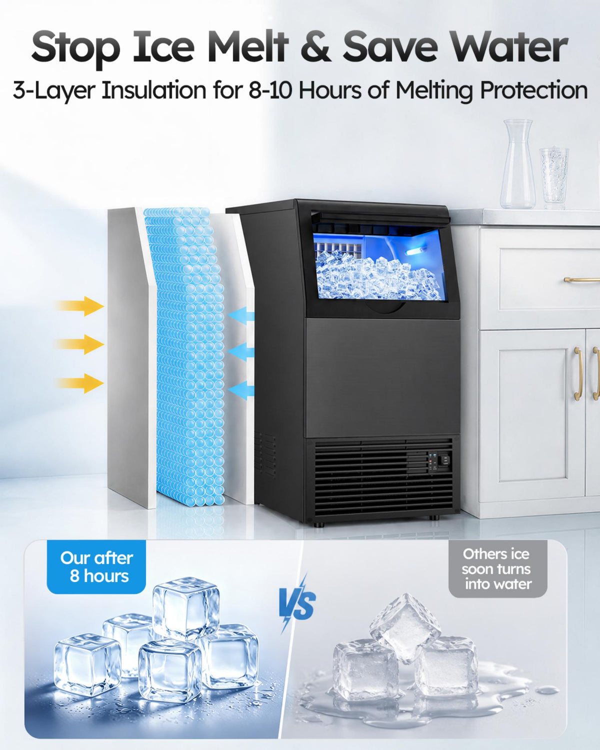 XUTUMM Commercial Ice Maker 120 lbs/24H, 33 lb Storage Bin, Dual Water Inlet Ice Machine with Adjustable Ice Thickness, Self-Cleaning for Restaurant Bar Office Black