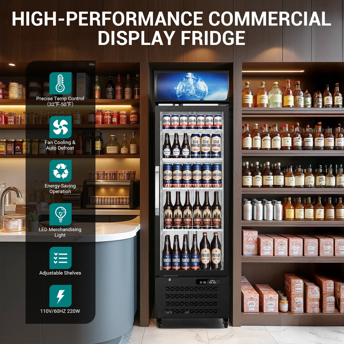 12 Cu Ft Commercial Beverage Fridge w/ Glass Door & LED Light - Freestanding Display Cooler for Shop, Restaurant, Business