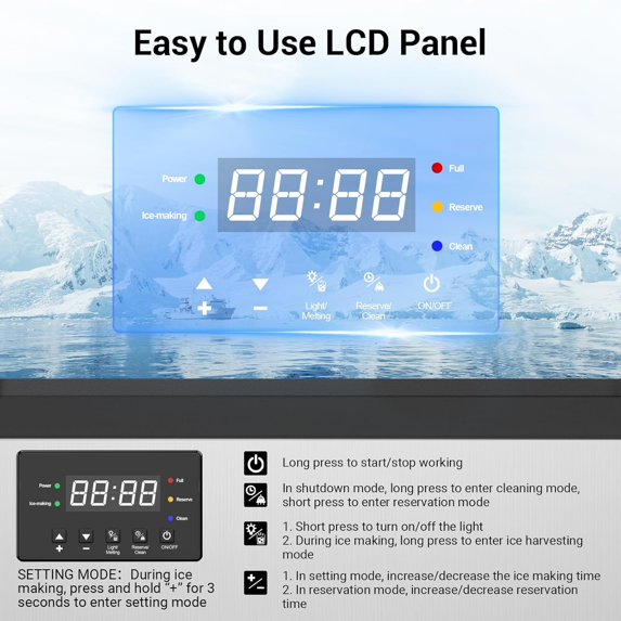 Self-Cleaning Commercial Ice Machine - 165LBS/24H Production, 132 Cubes per Cycle, Industrial Grade Stainless Steel with 12 Adjustable Thickness Settings