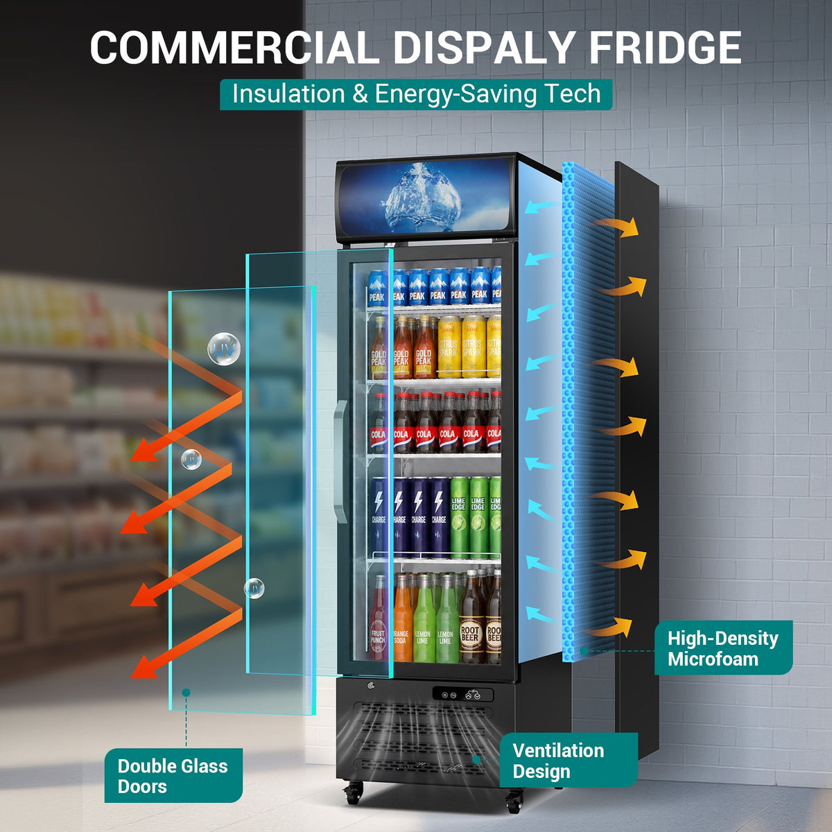 12 Cu Ft Commercial Beverage Fridge w/ Glass Door & LED Light - Freestanding Display Cooler for Shop, Restaurant, Business