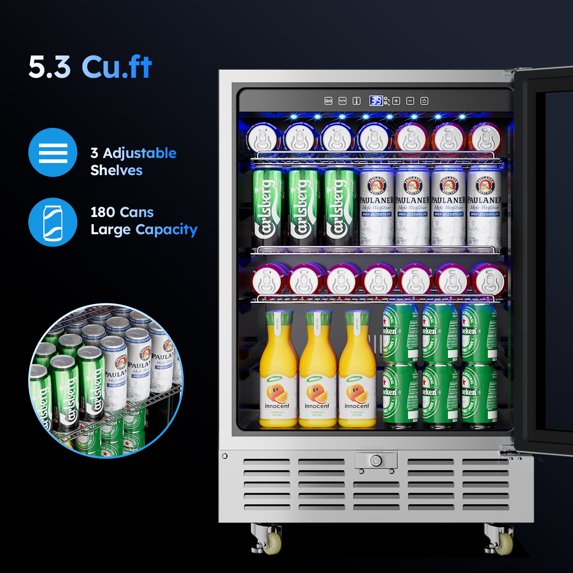 XUTUMM 24 inch Beverage Refrigerator with Glass Door, Under Counter/Freestanding Beverage Cooler with Temperature Memory