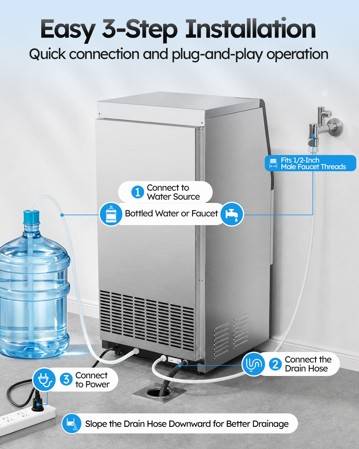 XUTUMM Commercial Ice Maker,100 lbs/24H Under Counter Ice Machine with 33 lb Storage Bin, Dual Water Supply Ice Maker with Self-Cleaning, for Home Bar Restaurant Office Stainless Steel