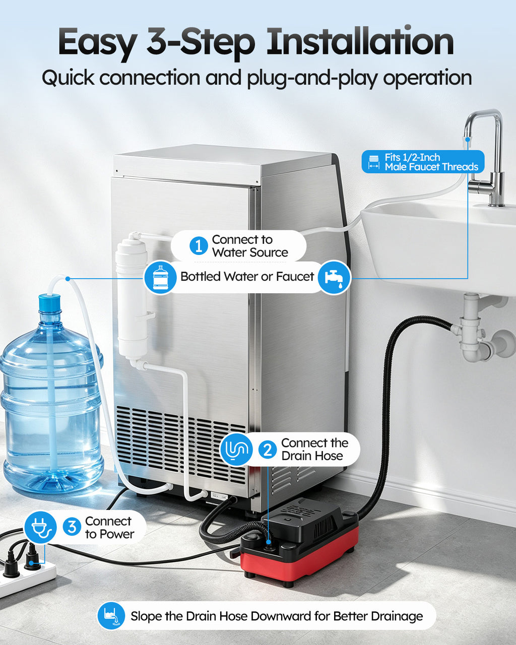 XUTUMM Commercial Ice Maker 120 lbs/24H, 33 lb Storage Bin, Dual Water Inlet Ice Machine with Adjustable Ice Thickness, Self-Cleaning for Restaurant Bar Office Sliver