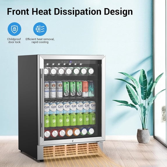 24 Inch Beverage Refrigerator & Cooler Under Counter with Safty Lock, Outdoor Patio Fridge for Drinks, Soda, Beer, Wine, 37～65°F Adjustable Temperature & Memory, Built-in/Freestanding