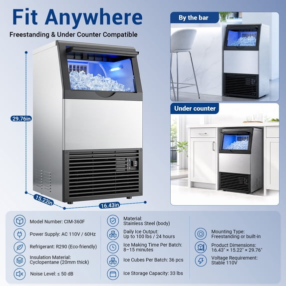 XUTUMM Commercial Ice Maker 100lbs/24H, Under Counter Ice Machine with 33lbs Ice Storage, Self-Cleaning Stainless Steel Freestanding for Home Bar