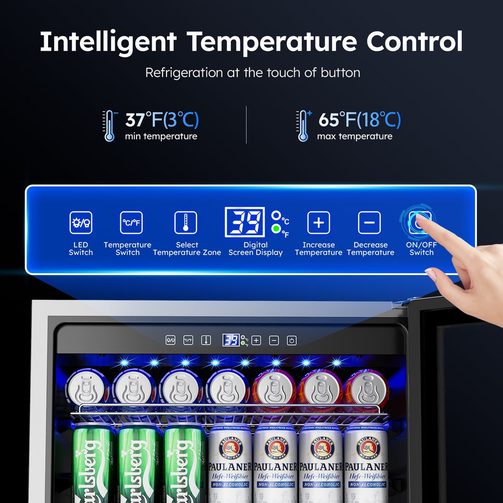 XUTUMM 24 inch Beverage Refrigerator with Glass Door, Under Counter/Freestanding Beverage Cooler with Temperature Memory