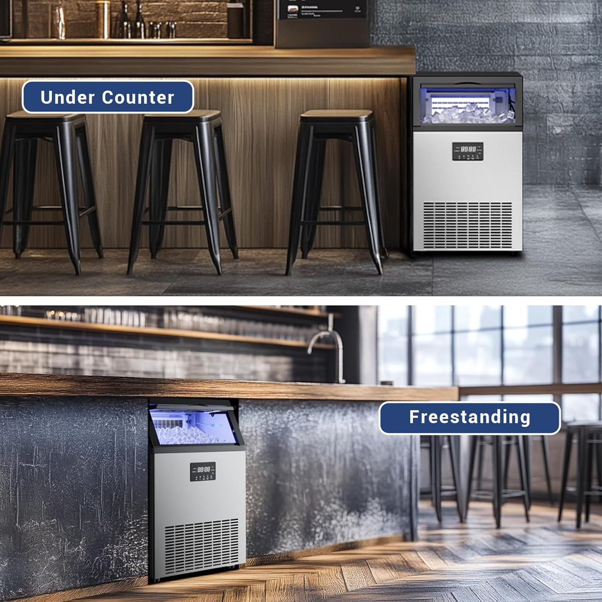 XUTUMM Commercial Ice Maker, 100 Lbs/24H Undercounter Ice Machine with 33 Lbs Storage Bin, 45 Ice Cubes, Adjustable Ice Thickness for Bar, Coffee Shop