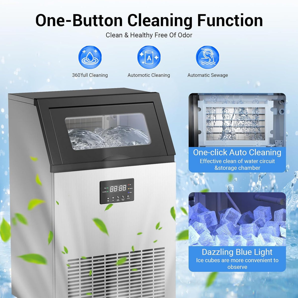 XUTUMM 150 LBS/24H Commercial Ice Machine with 50 LBS Storage Bin, 5-15 Min Ice Production, Stainless Steel Industrial Ice Maker with Self-Cleaning, Timing Function & Adjustable Ice Thickness