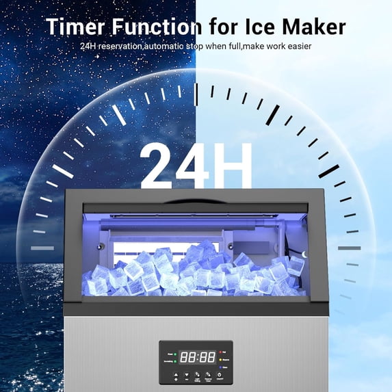 XUTUMM 150 LBS/24H Commercial Ice Machine with 50 LBS Storage Bin, 5-15 Min Ice Production, Stainless Steel Industrial Ice Maker with Self-Cleaning, Timing Function & Adjustable Ice Thickness