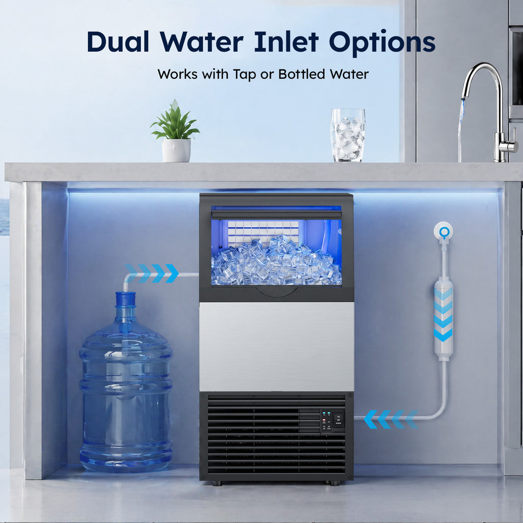 XUTUMM Commercial Ice Maker 120lbs/24H, Under Counter Ice Machine with 40lbs Storage, Dual Water Inlet (Tap + Self-Suction), Self-Cleaning Stainless Steel for Home Bar