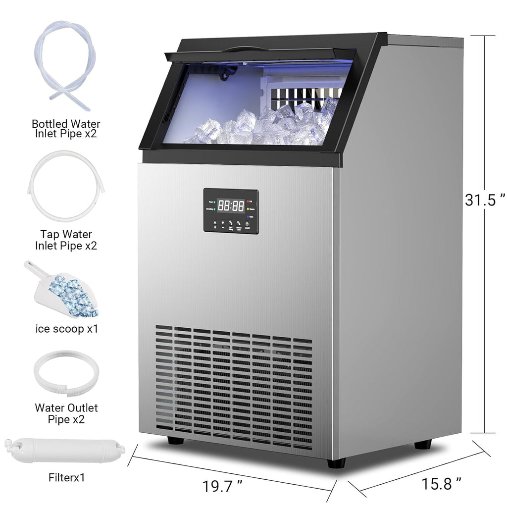 High-Volume Commercial Ice Maker - 165Lbs/24H Output, 45Lbs Storage Bin, 5-15 Minute Ice Ready, Stainless Steel with Water Line Hookup & 12 Thickness Settings