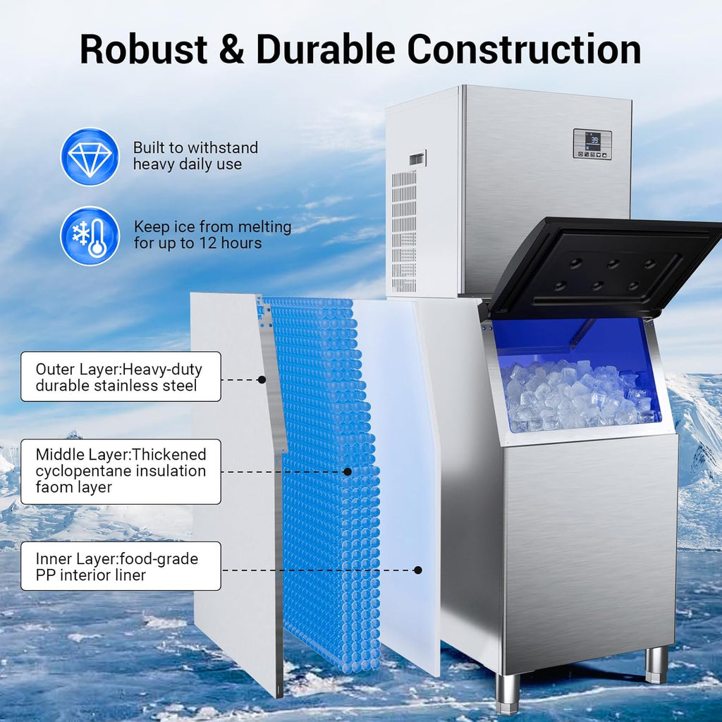 Xutumm Commercial Ice Maker, 580 Lbs/24H With 380 Lbs Large Storage Air-Cooled Ice Machine For Ice Cube for Cafe,Restaurant,Home