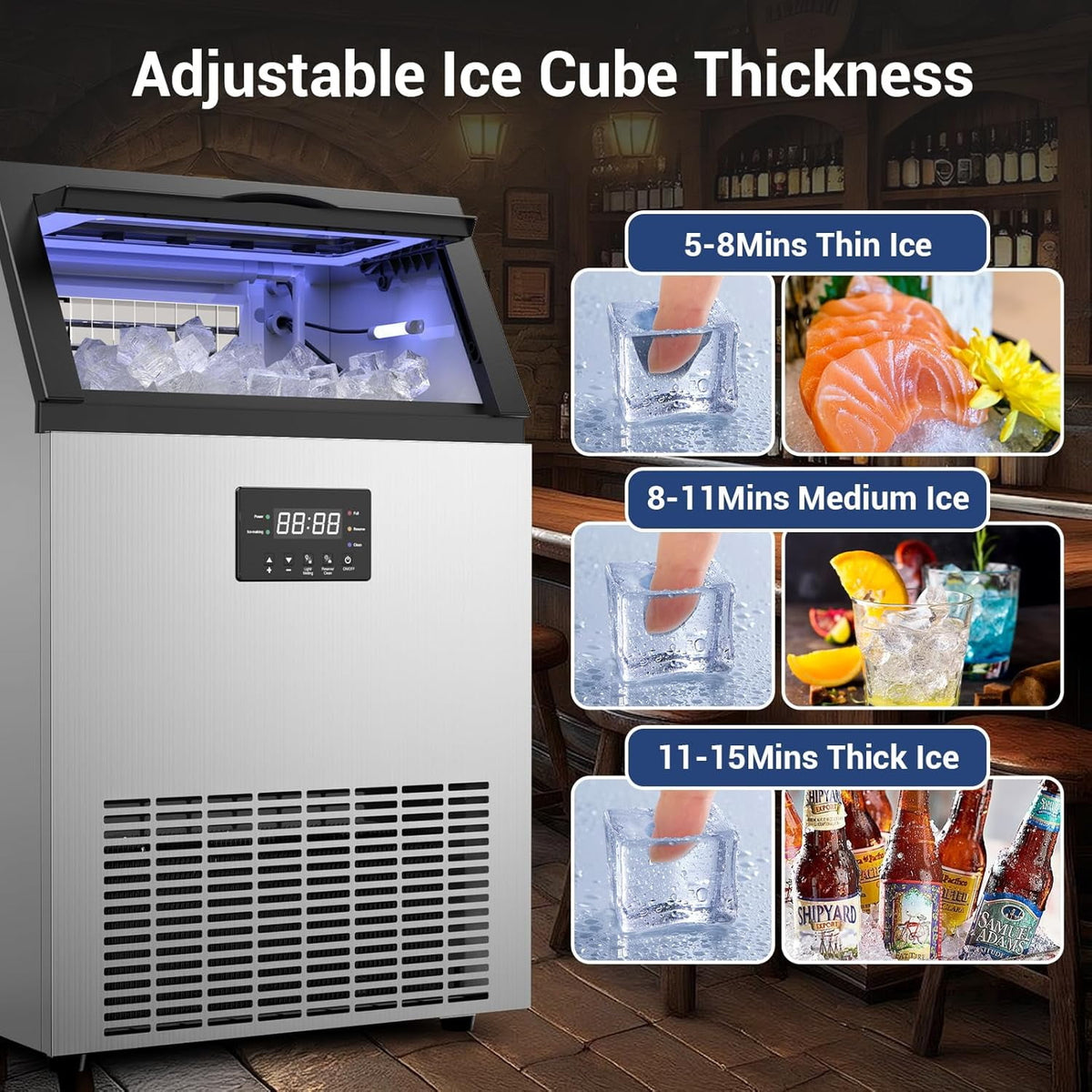 High-Volume Commercial Ice Maker - 165Lbs/24H Output, 45Lbs Storage Bin, 5-15 Minute Ice Ready, Stainless Steel with Water Line Hookup & 12 Thickness Settings