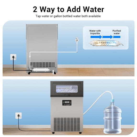 XUTUMM 150 LBS/24H Commercial Ice Machine with 50 LBS Storage Bin, 5-15 Min Ice Production, Stainless Steel Industrial Ice Maker with Self-Cleaning, Timing Function & Adjustable Ice Thickness