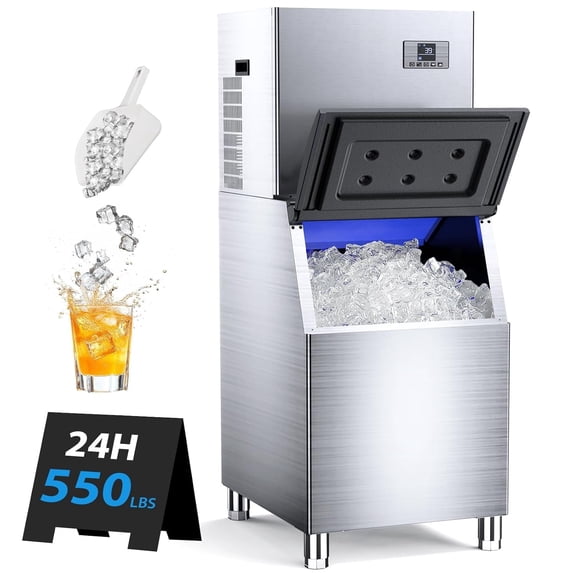 High-Capacity Commercial Ice Maker - 600Lbs/24H Output, 400Lbs Storage, Stainless Steel Construction with Water Hookup & Adjustable Ice Thickness