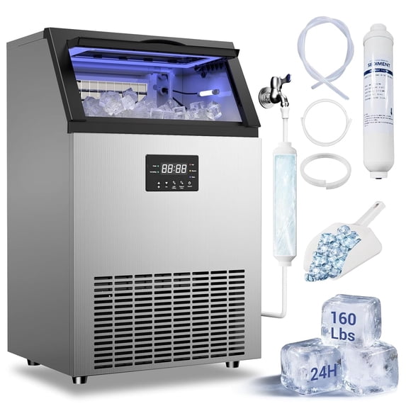 High-Volume Commercial Ice Maker - 165Lbs/24H Output, 45Lbs Storage Bin, 5-15 Minute Ice Ready, Stainless Steel with Water Line Hookup & 12 Thickness Settings
