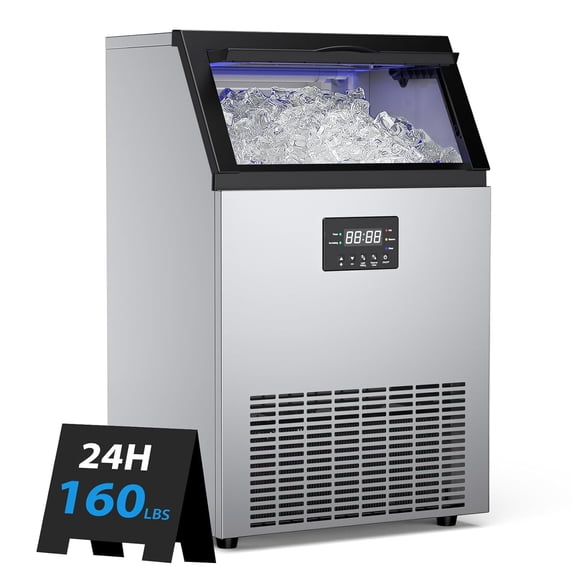 Self-Cleaning Commercial Ice Machine - 165LBS/24H Production, 132 Cubes per Cycle, Industrial Grade Stainless Steel with 12 Adjustable Thickness Settings