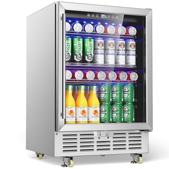 XUTUMM 24 inch Beverage Refrigerator with Glass Door, Under Counter/Freestanding Beverage Cooler with Temperature Memory